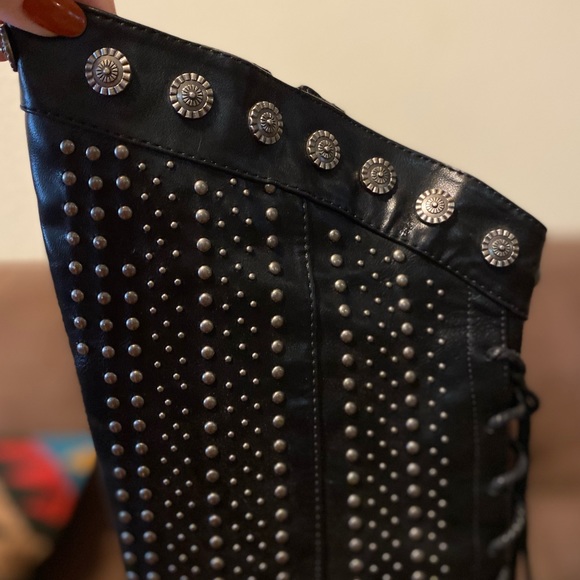 Black Studded Knee High Size 9 boots with Lace up detail and zippers - Picture 6 of 16